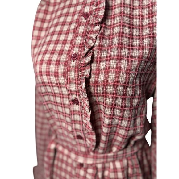 NEW Hem & Thread Womens M Plaid Shirtdress Ruffle Pink White Botton Long Sleeve - Picture 2 of 15
